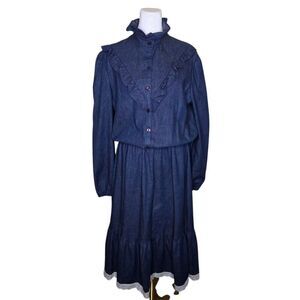 Vintage 70s Ruffle Neck Hem Denim Dress Womens L Blue Western